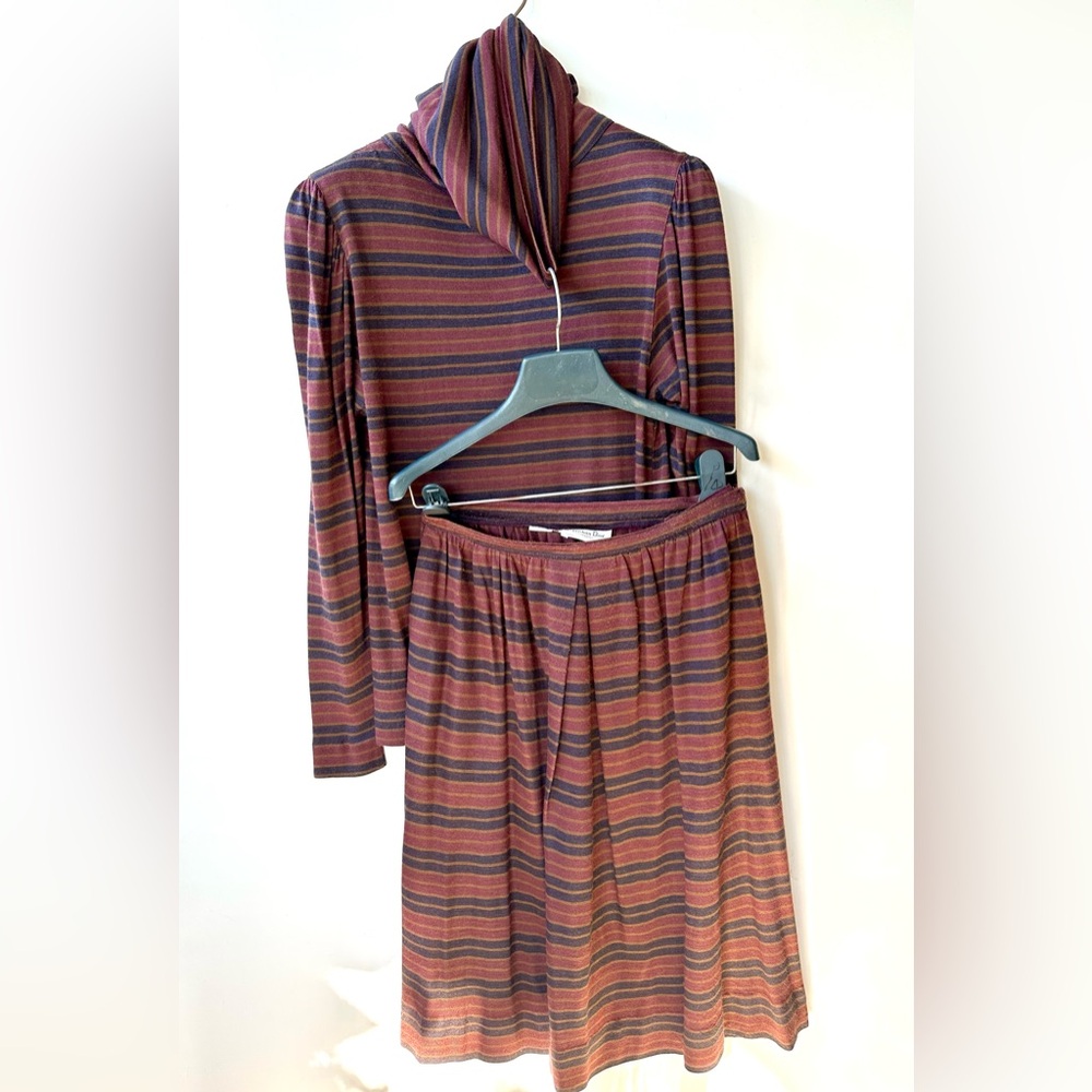 Vintage Christian Dior Separates Striped Knit Top & Skirt Set, Burgundy Navy, S
